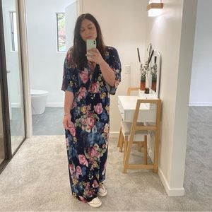 Silky Floral Wrap Style Dress Blue and pink Roses